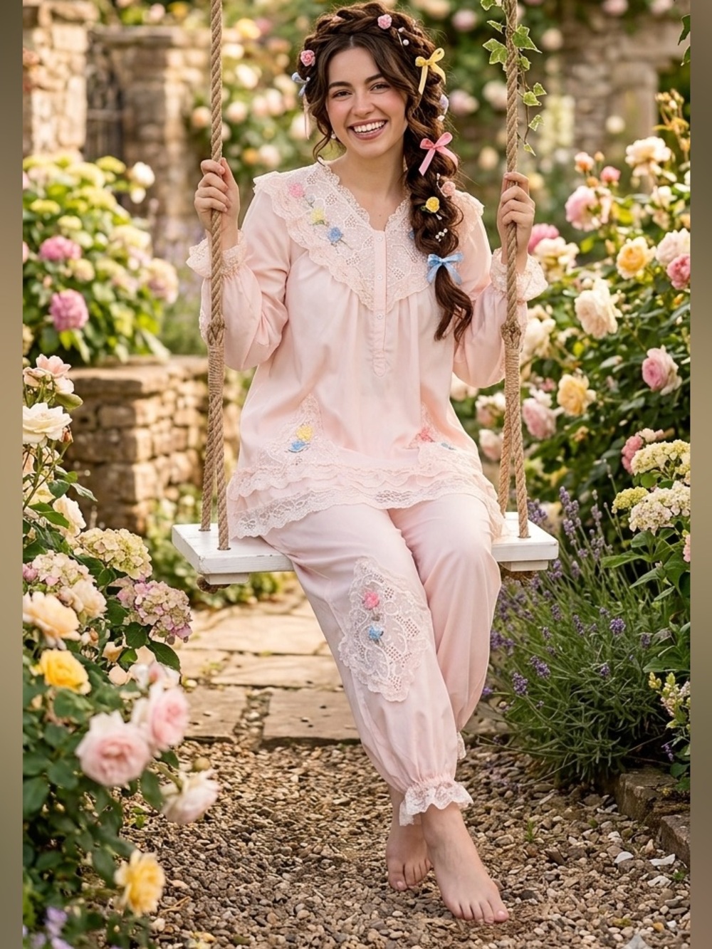 Ultra Feminine Coquette CottageCore Lace-Trim Pastel Pajamas W/Floral Applique
